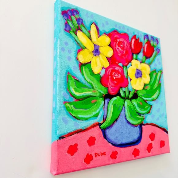 Original Painting Whimsical Collectible Flowers Violet Vase  10" x 10" Canvas - Picture 3 of 10